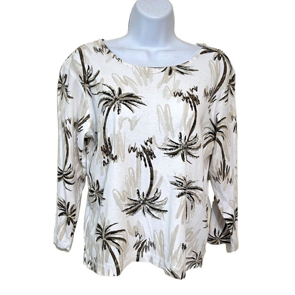 Anthony's - Ivory, Brown Palm Tree Boat Neck 100% Cotton Beaded Tee Shirt M